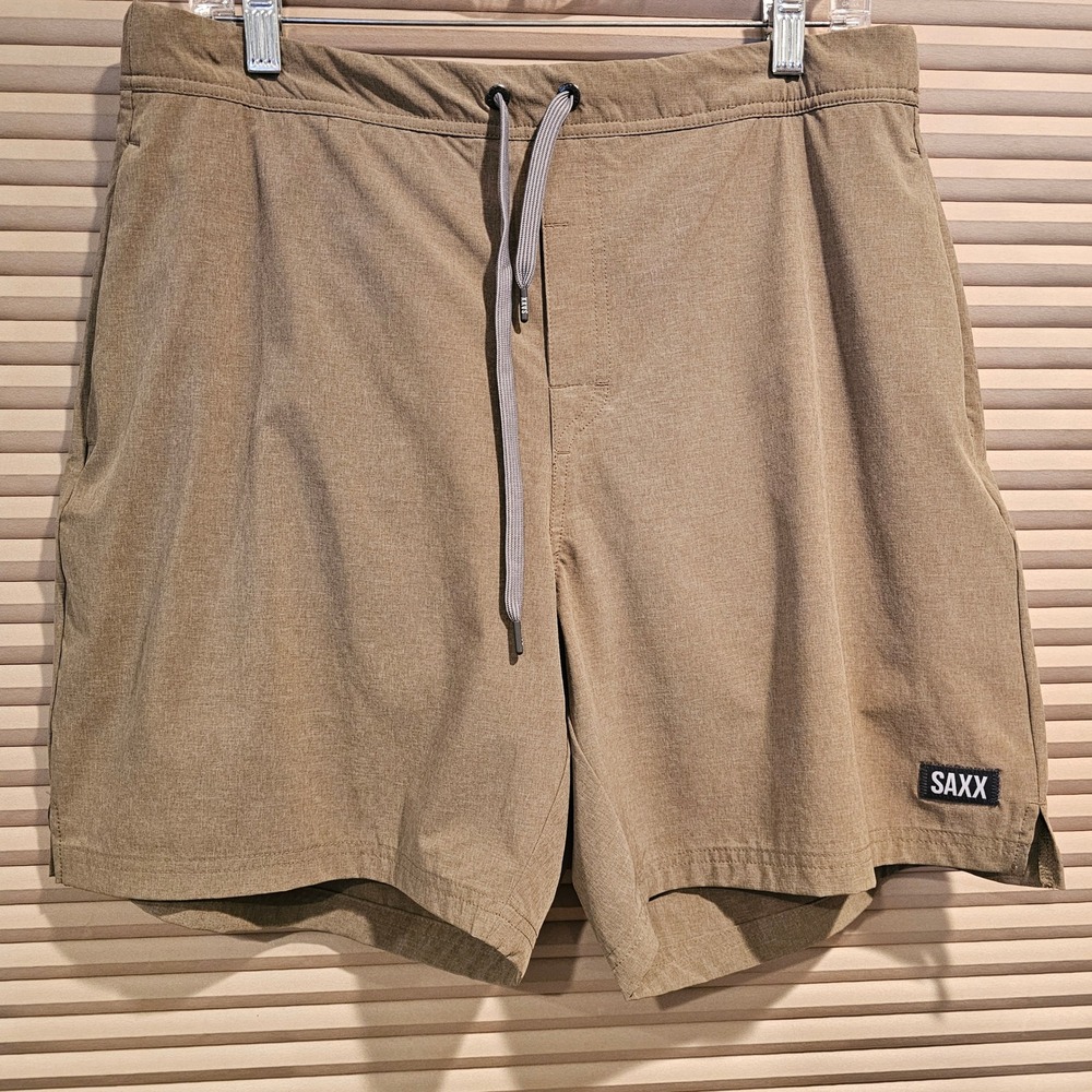 Saxx Sport 2 Life 2N1 Shorts Mens Large Brown Khaki 7 Inch BallPark Pouch Liner